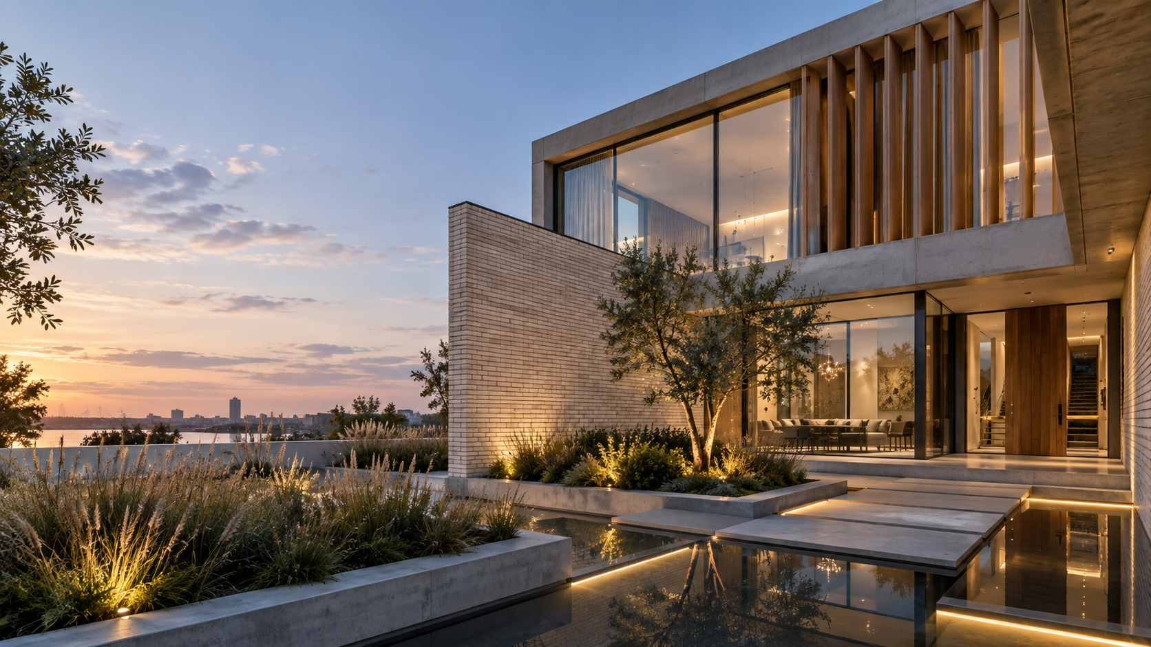 Luxury contemporary waterfront residence at dusk