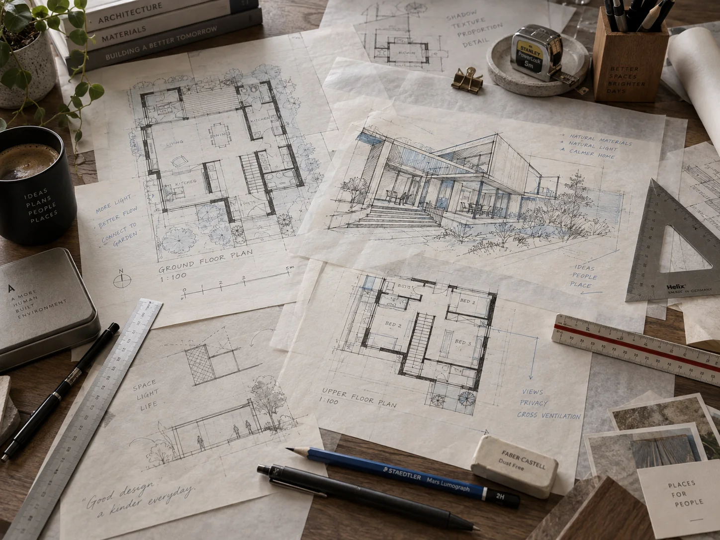 Hand sketches and architectural drafting tools on desk