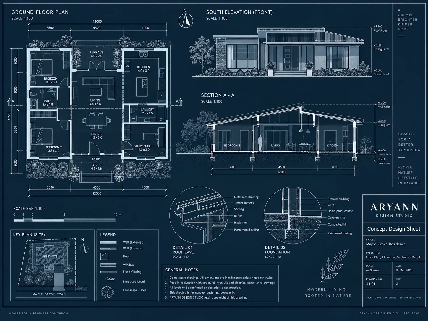 Architectural floor plans, section and elevation drawings